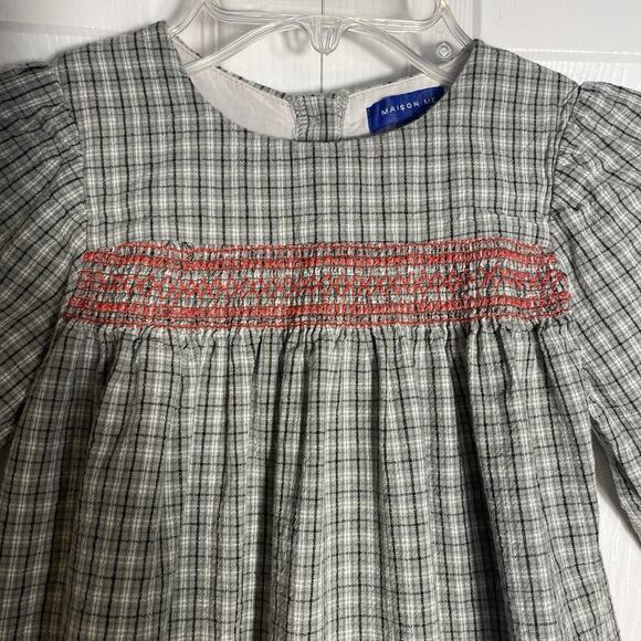 Maison Me Dress Girl 6Y Green Beige Plaid Homespun Cotton Smocked Cottagecore - Picture 2 of 7